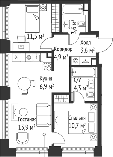3-комн., 59.3 м², 27/59 этаж, ЖК «СЕТ»