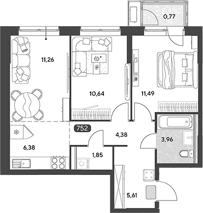 3-комн., 55.57 м², 15/25 этаж, ЖК «Космопарк»