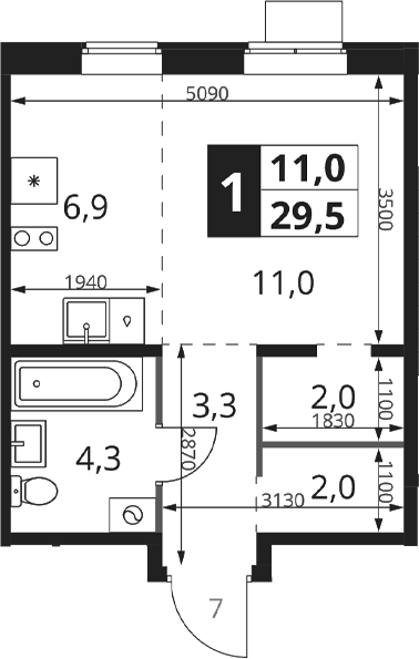 Студия, 29.5 м², 14/17 этаж, ЖК «1-й Ясеневский»