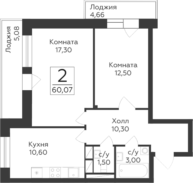 2-комн., 55.2 м², 9/17 этаж, ЖК «Малаховский»