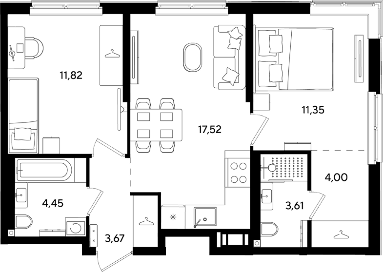 3-комн., 56.42 м², 2/7 этаж, ЖК «Парк Победы 3»