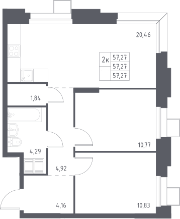 3-комн., 57.27 м², 20/23 этаж, ЖК «Тропарево Парк»