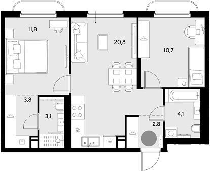 2-комн., 57.1 м², 5/9 этаж, ЖК «Грейд»
