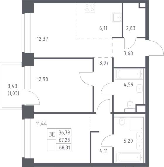 3-комн., 67.28 м², 5/12 этаж, ЖК «НОВА»