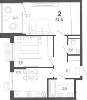 2-комн. квартира, 52.4 м² в ЖК Барса — фото 2