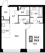 2-комн., 59.8 м², 19/58 этаж, ЖК «Амбер Сити»