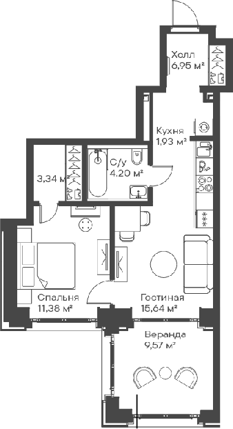 2-комн., 43.88 м², 5/15 этаж, ЖК «Сити Бэй»