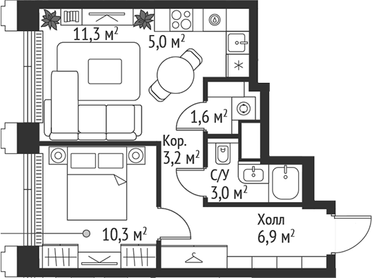 2-комн., 41.3 м², 12/45 этаж, ЖК «СЕТ»
