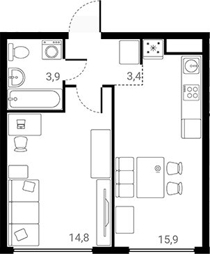 1-комн., 38 м², 13/25 этаж, ЖК «Лесная Коллекция»