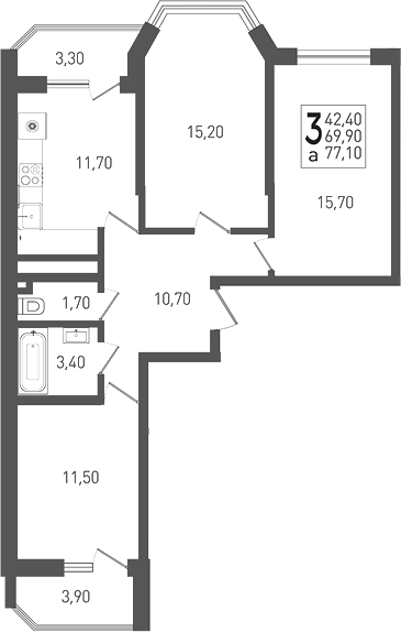 3-комн. квартира, 69.9 м² в ЖК ЖК «Кубанская Крепость» — фото 2