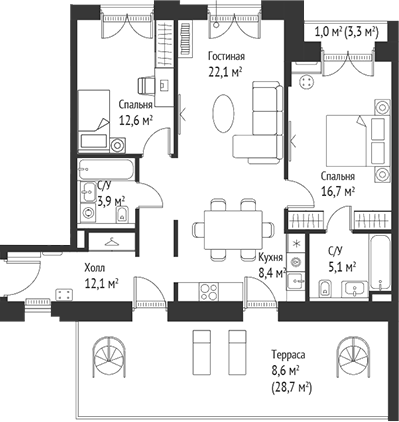 3-комн., 80.7 м², 2/5 этаж, ЖК «СЕТ»