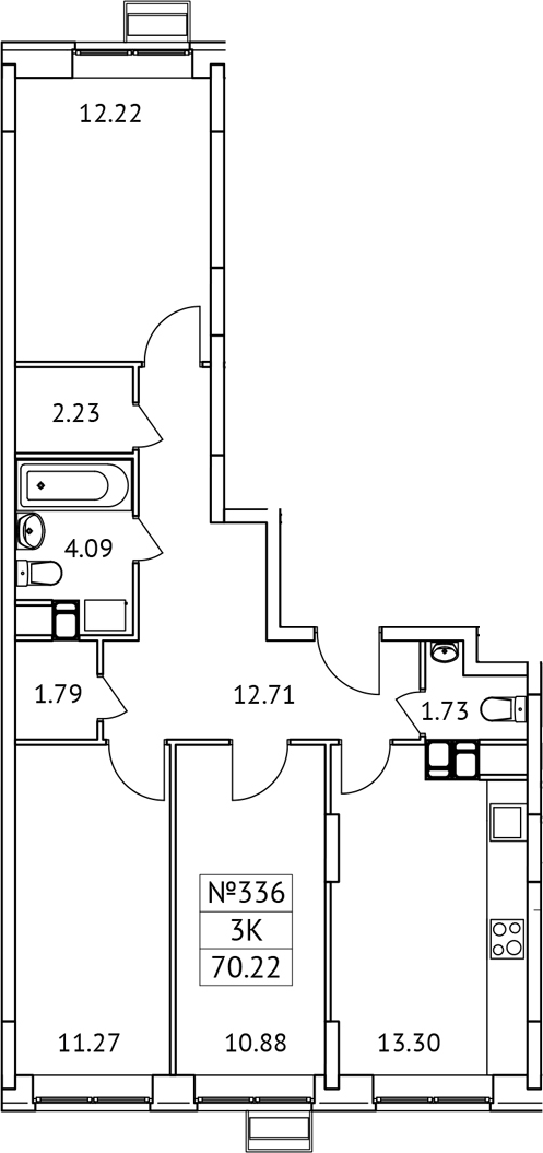 3-комн., 70.22 м², 10/17 этаж, ЖК «Новотомилино»