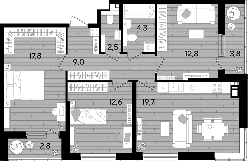 3-комн., 78.7 м², 7/16 этаж, ЖК «DОГМА ПАРК»