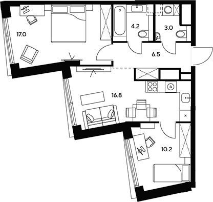 3-комн., 57.7 м², 26/46 этаж, ЖК «НЕКСУС от Аквилон»