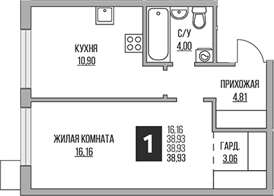 1-комн., 38.93 м², 11/14 этаж, ЖК «Гранель Притяжение Сити»