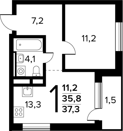 1-комн., 35.8 м², 11/13 этаж, ЖК «Новые Ватутинки Квартал у реки»