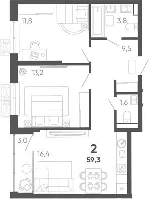 2-комн. квартира, 56.3 м² в ЖК Барса — фото 2