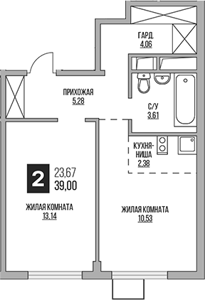 2-комн., 39 м², 14/14 этаж, ЖК «Гранель Аникеевский»