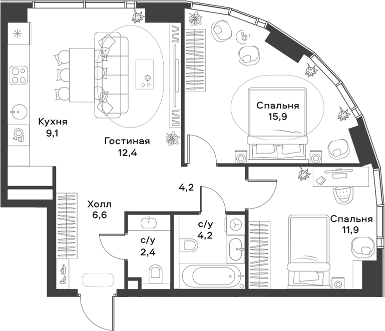 3-комн., 66.7 м², 18/39 этаж, ЖК «АЛИА»