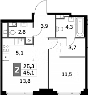 2-комн., 45.1 м², 15/42 этаж, ЖК «Сидней Сити»
