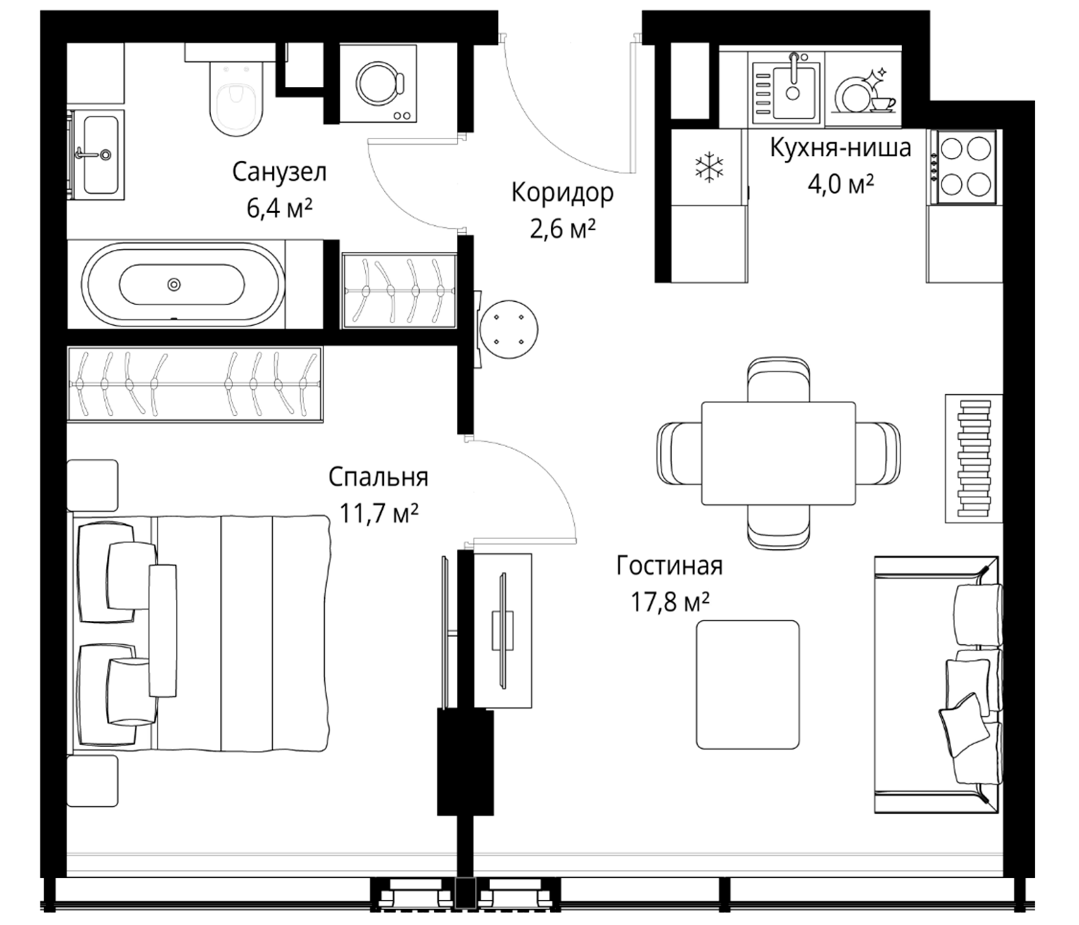 2-комн., 42.5 м², 35/36 этаж, ЖК «Слава»