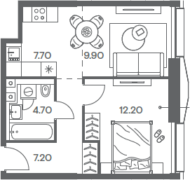 2-комн., 41.7 м², 22/35 этаж, ЖК «Инджой»