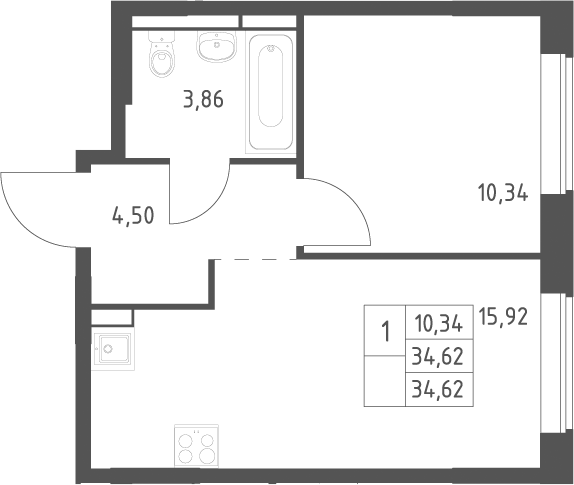 2-комн., 34.62 м², 2/12 этаж, ЖК «Большое Юрлово»
