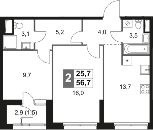 2-комн., 55.2 м², 24/26 этаж, ЖК «Скай Гарден»