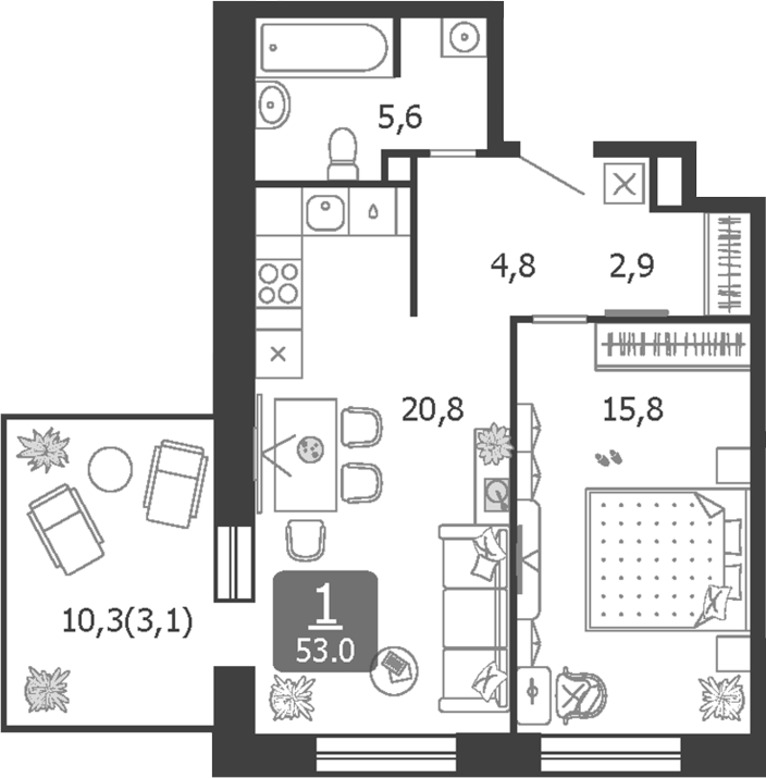 2-комн., 49.9 м², 13/19 этаж, ЖК «Шагал»