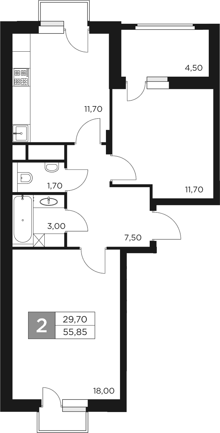 2-комн., 53.6 м², 11/17 этаж, ЖК «Восток 2»