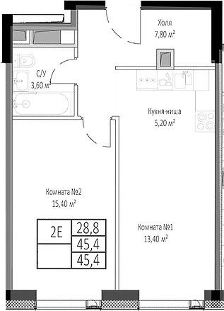 2-комн., 45.4 м², 22/35 этаж, ЖК «Мираполис»