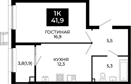 1-комн., 40 м², 2/24 этаж, ЖК «Первый. ГК ЮгСтройИнвест»
