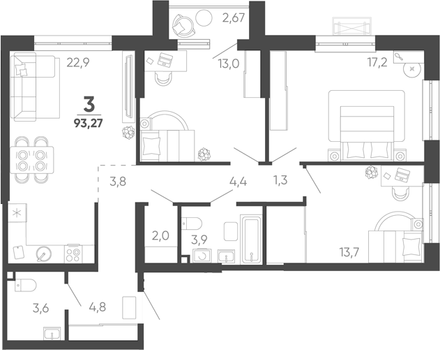 3-комн. квартира, 90.6 м² в ЖК Барса — фото 2