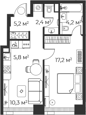 2-комн., 45 м², 43/71 этаж, ЖК «Веер»