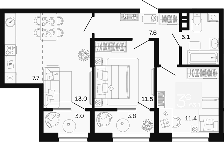 3-комн. квартира, 56.3 м² в ЖК Хозяин Морей — фото 2