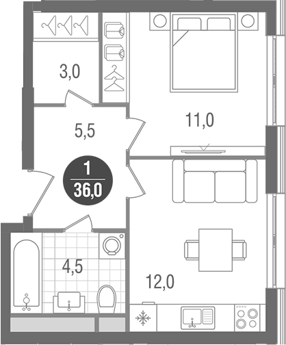 1-комн., 36 м², 28/32 этаж, ЖК «Кантемировский»