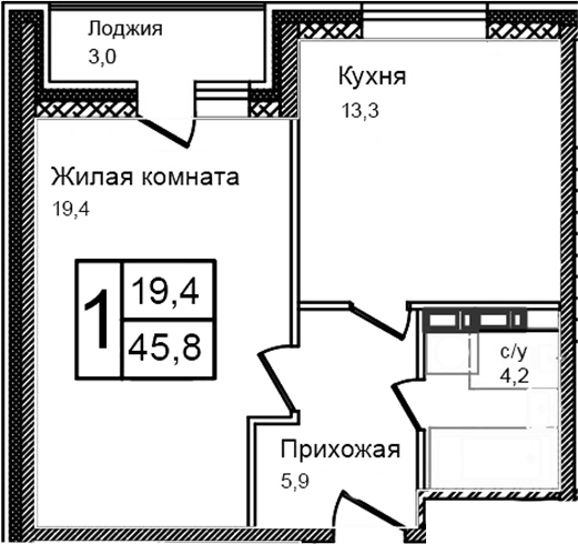 1-комн., 42.8 м², 6/12 этаж, ЖК «Троицкий»
