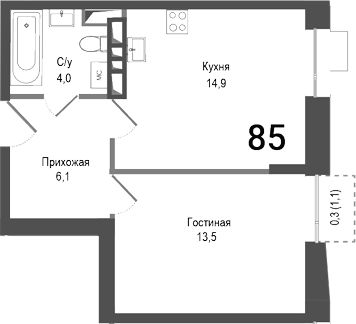 1-комн., 38.5 м², 5/8 этаж, ЖК «Киноквартал»