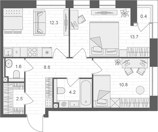 2-комн., 53.7 м², 7/12 этаж, ЖК «АРТЕЛЬ»