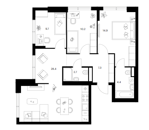3-комн., 77.6 м², 1/16 этаж, ЖК «Бунинская набережная»