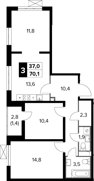 3-комн., 68.7 м², 21/22 этаж, ЖК «Южная Битца»
