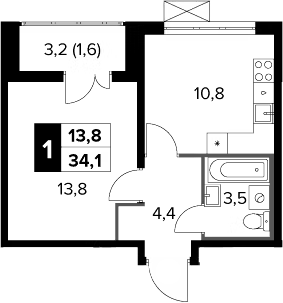 1-комн., 32.5 м², 21/22 этаж, ЖК «Южная Битца»