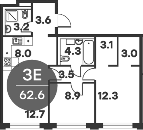 3-комн., 62.6 м², 5/6 этаж, ЖК «Равновесие»