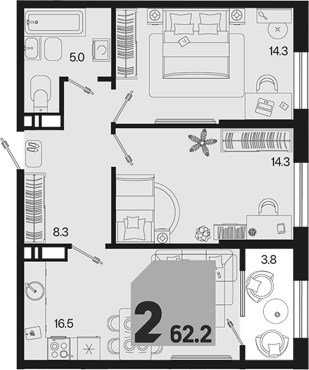 2-комн. квартира, 58.4 м² в ЖК Первое место — фото 2