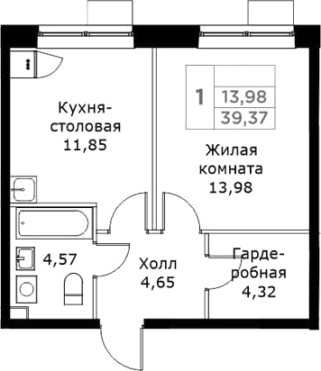 1-комн., 39.37 м², 17/25 этаж, ЖК «КИТ»