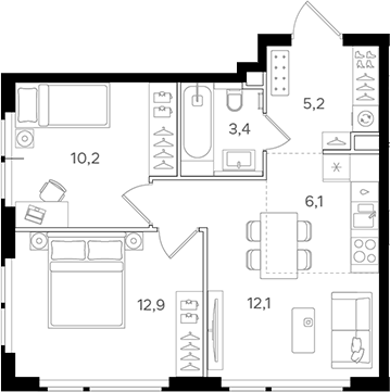 3-комн., 49.9 м², 5/31 этаж, ЖК «НАЗАРЕ»