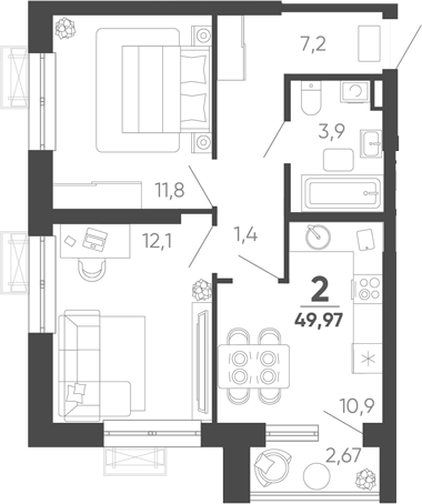 2-комн. квартира, 49.17 м² в ЖК Барса — фото 2