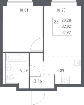 2-комн., 32.92 м², 10/17 этаж, ЖК «Прибрежный Парк»
