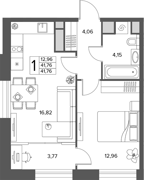 2-комн., 41.76 м², 4/16 этаж, ЖК «Городской бор»