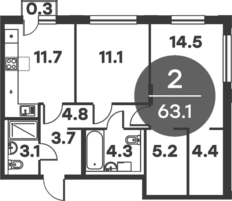 2-комн., 62.8 м², 3/6 этаж, ЖК «Равновесие»